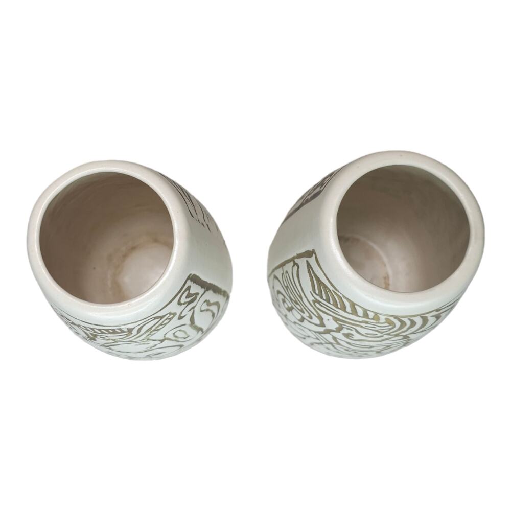 Vintage Mid-Century Mayan Aztec Native Design Vase Pair Cream Gold USA Made - Picture 3 of 16